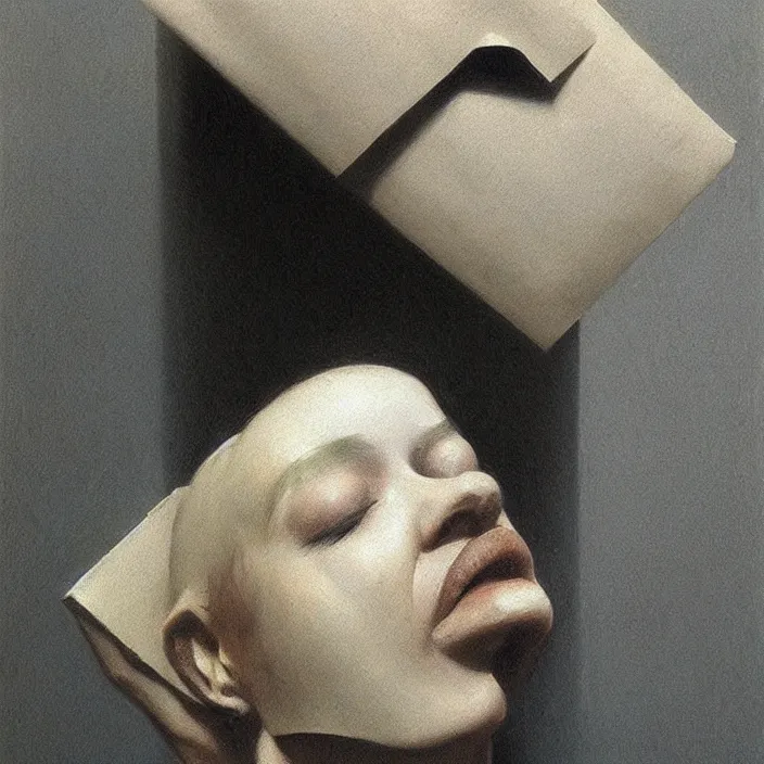 Image similar to woman pushing face through paper bag, exposed back, artstation, art by, , edward hopper, Zdzislaw Beksinski, highly detailed