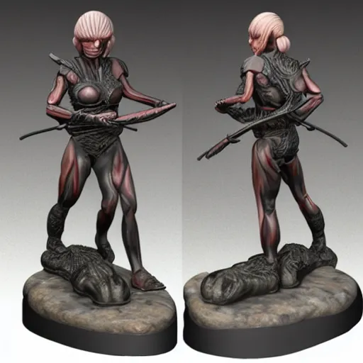 Prompt: 80mm resin detailed miniature of a Alien with a Human Female Warrior, Product Introduction Photos