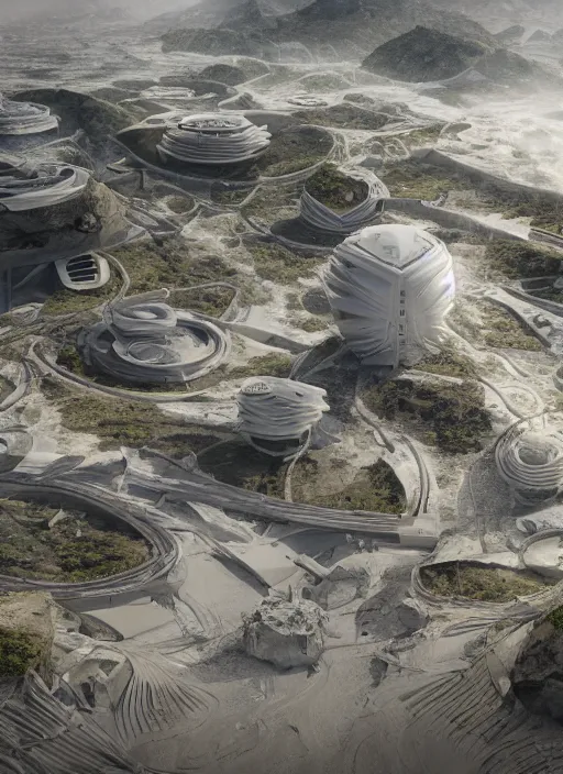 Image similar to bioremediation white mining tailing futuristic horizontal architecture in chuquicamata, epic, cinematic, hyperealistic, high detailed, corona render, hdr, ray tracing