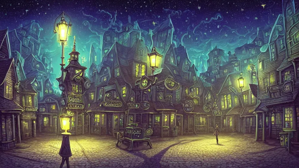 Prompt: a pickle walks in empty lovecraftian town square surrounded by houses and inns.. cthulhu statue.. lovecraftian city at night by cyril rolando and naomi okubo and dan mumford and ricardo bofill.. lovecraft.. cobbled streets.. oil lamp posts.. lovecraftian.. starry night swirly sky.