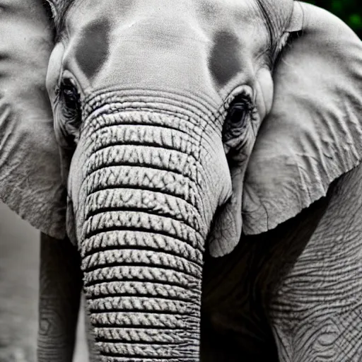 man with an elephant trunk nose, grey wrinkled skin