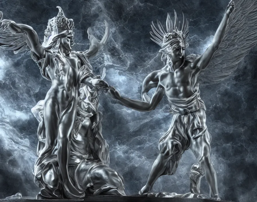 Image similar to silver statue of god and lucifer, beautiful texture, beautiful graphics, fantasy artwork, very beautiful scenery, hd, hdr, ue 5, ue 6, unreal engine 5, cinematic 4 k wallpaper, 8 k, ultra detailed