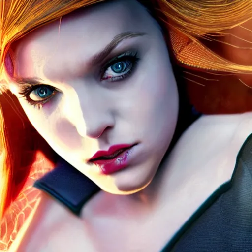 Image similar to young michellepfeiffer as spider - gwen, fantasy, intricate, elegant, highly detailed, digital painting, artstation, concept art, smooth, sharp focus, contemporary fashion shoot, by edward robert hughes, annie leibovitz and steve mccurry, david lazar, jimmy nelsson, extremely detailed, hyperrealistic, perfect face, octane render