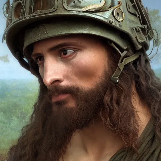 Image similar to an extremely detailed matte painting of a ridiculously good looking jesus that looks like a jewish gigachad in the vietnam war, ballistic helmet that says'born to save ', long curly hair, camouflaged gear, very detailed, jungles of vietnam beautiful, intricate, cinematic, artstation, william bouguereau, alphonse mucha, greg rutkowski, octane render