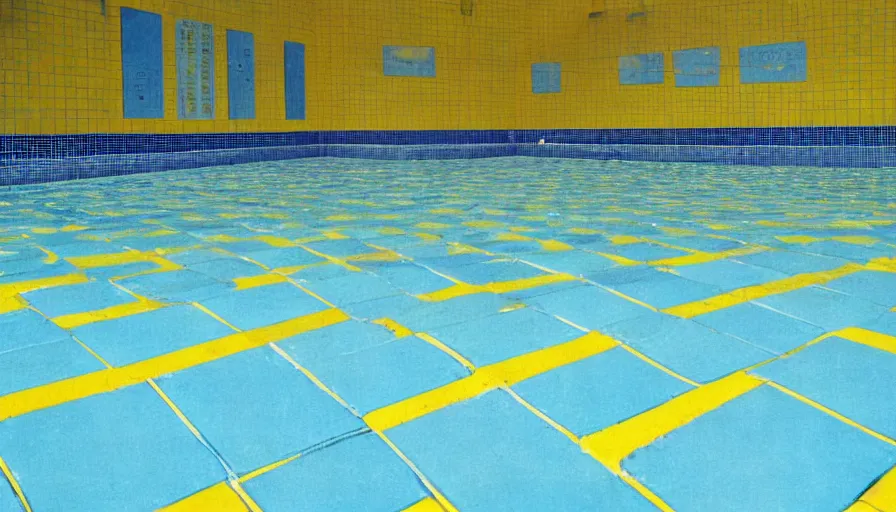 Prompt: 1 9 6 0 s movie still of an empty blue and yellow tiles municipal swimmingpool, high quality, high detail, liminal space style