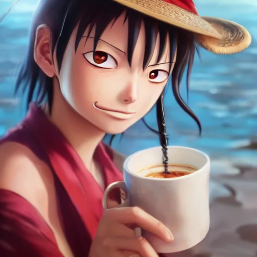 Image similar to mugiwara no luffy drinking cofee, digital art, pretty face, very beautiful face, very detailed eyes, 8 k resolution, by wlop, greg rutkowski, full body