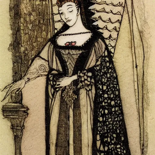 Prompt: Anne Boleyn half-bird half-woman, style of Arthur Rackham, detailed