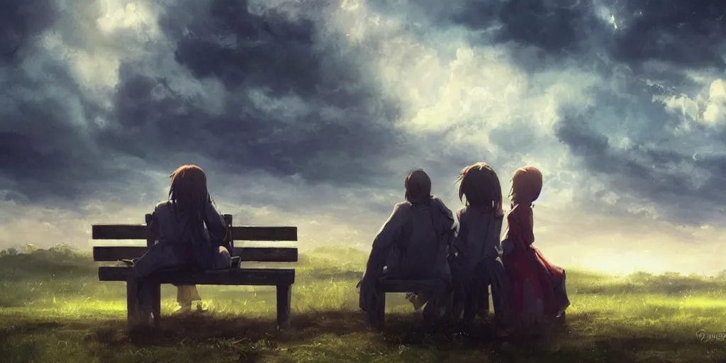 Image similar to a family with sorrow faces sitting on a bench, dramatic sky, close up shot, anime art, Greg Rutkowski, dramatic lighting