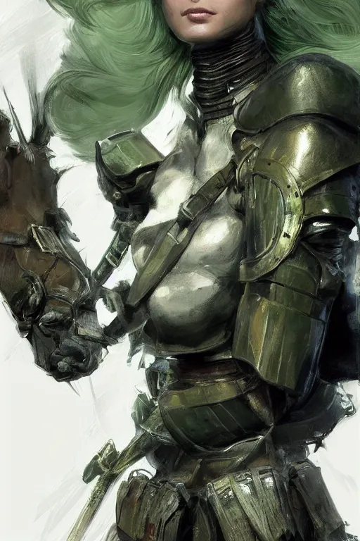 Image similar to a professional portrait of a young female warrior, clothed in military-style battle armor, olive skin, long dark hair, beautiful bone structure, symmetrical facial features, green eyes, intricate, elegant and graceful, digital painting, concept art, smooth, sharp focus, illustration, finely detailed, from Metal Gear by Ruan Jia and Mandy Jurgens and Artgerm and William-Adolphe Bouguerea, award winning art, trending on Artstation