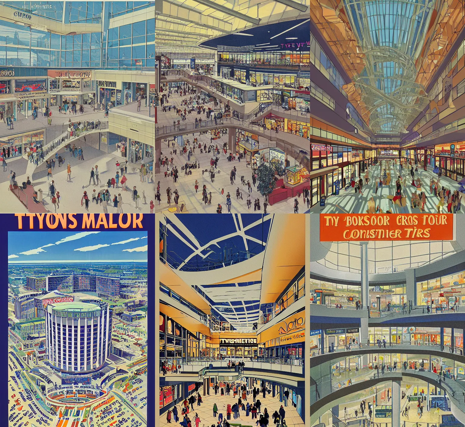 Prompt: Travel poster for Tysons Corner Mall, interior view, by Willy Dzubas