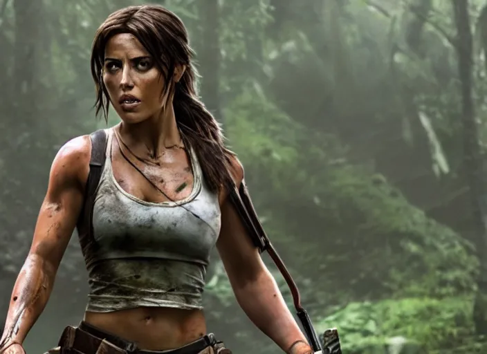 Image similar to film still of!!!! chloe bennett!!! as lara croft in new tomb raider movie, 8 k