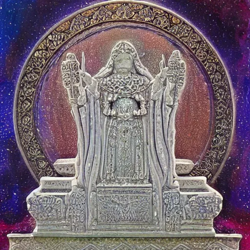 Image similar to white crystal statue carving of a supreme court judge, religious imagery, islamic pattern art, fractals, galaxy, impressionism painting, john blanche, muted colors, tarot card