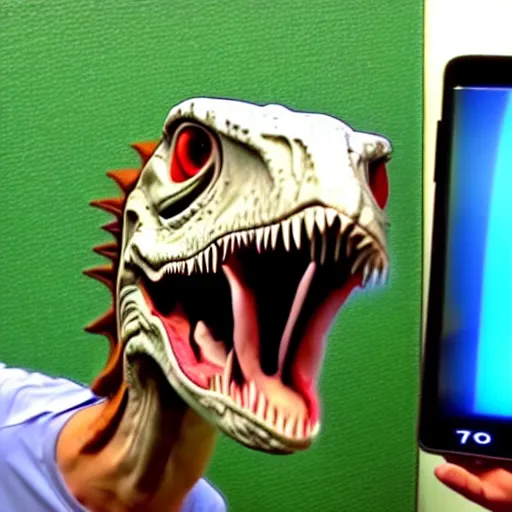 Prompt: photo still from a velociraptor's vlog, the real velociraptor complaining about his samsung refrigerator