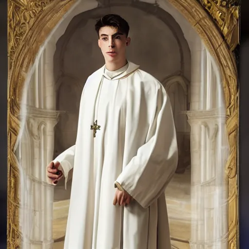 Prompt: attractive kai havertz wearing priest outfit holding large detailed ivory candlestick. natural lighting by ruan jia, portrait