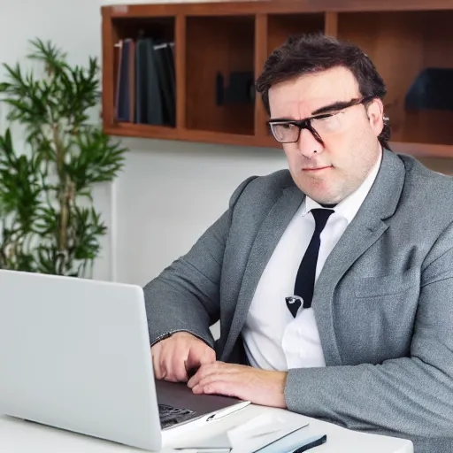 Image similar to Chubby clean-shaven white businessman sitting at a wooden conference table typing on a laptop keyboard, his right black shoe is resting on table next to laptop