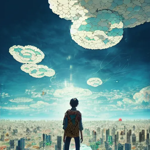 Image similar to a young man walking on clouds away from the camera perfectly centered above post - apocalyptic city by takashi murakami, beeple and james jean, aya takano color style, 4 k, super detailed, modern, 4 k, symmetrical