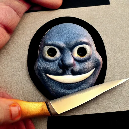 Image similar to collectible vinyl designer toy, cartoon character, head shaped as crescent moon, creepy smiling evil face with wrinkles, holds a small knife in hand