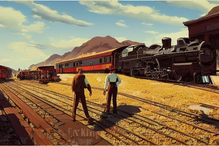 Image similar to idyllic old western train station illustration by syd mead artstation 4 k graphic novel concept art matte painting