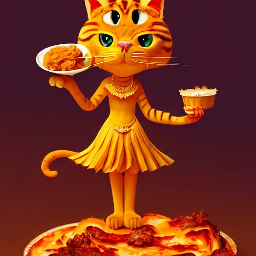 Image similar to fullbody!! personification of garfield the cat as a goddess holding lasagna, stunning, hyperrealistic, trending on artstation, smooth and sharp, intricate, fine details, elegant, religious, dynamic pose, radiant light, detailed and intricate environment, professional character concept art by tatyana kupriyanova and greg rutkowski and raymond swanland