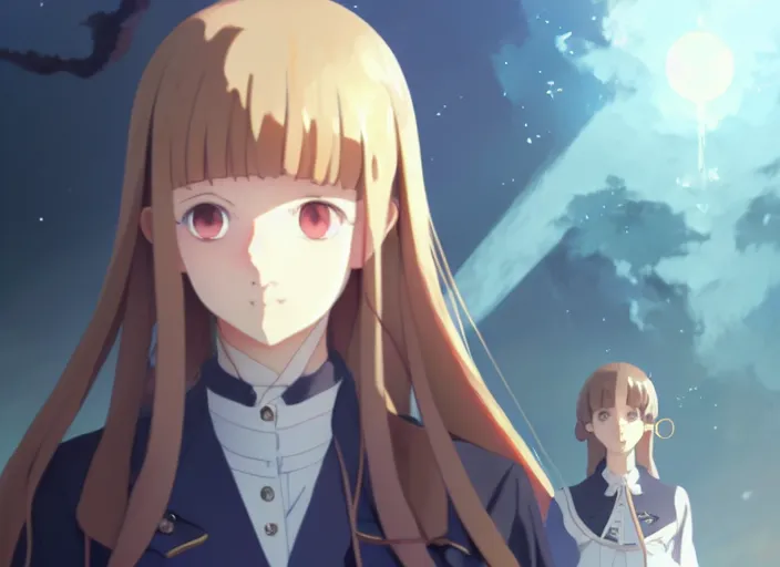 Prompt: portrait of girl maria, helm of second world war warship in background, illustration concept art anime key visual trending pixiv fanbox by wlop and greg rutkowski and makoto shinkai and studio ghibli and kyoto animation, symmetrical facial features, astral witch clothes, golden details, gapmoe yandere grimdark, volumetric lighting, backlit