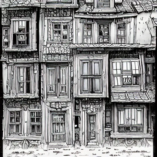 Image similar to a drawing of a house with a lot of windows, concept art by toriyama sekien, pixiv, maximalism, concept art, official art, maximalist