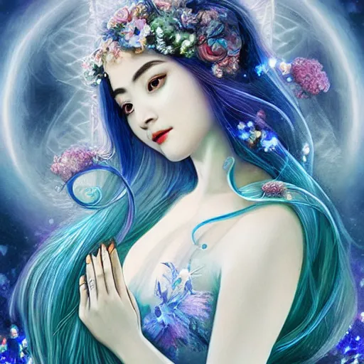 Image similar to Ethereal goddess of the moon, beautiful blue silver hair woman like Dilraba Dilmurat, california girl, wearing a flowing dress, lots of flowers, symmetrical face, art nouveau, portrait, cute, playful, fairy, harper's bazaar, pearlescent, sacred geometry, detailed background, featured on artstation, by Daniel Gerhartz, by ross tran, bright pastel colors, face by artgerm, by Kelly McKernan, by Charlie Bowater, by Laura rubin, 8k