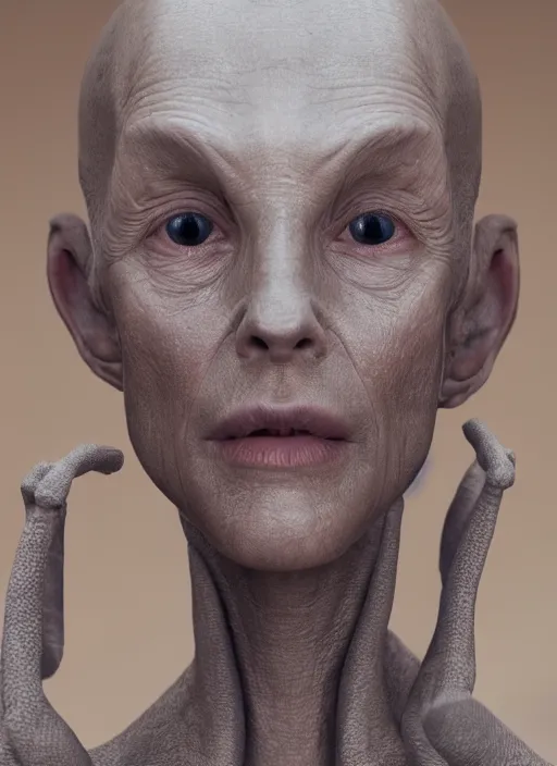 Image similar to closeup portrait of a gray alien, depth of field, zeiss lens, detailed, symmetrical, centered, fashion photoshoot, by Annie Leibovitz and Steve McCurry, David Lazar, Jimmy Nelsson, Breathtaking, 8k resolution, extremely detailed, beautiful, establishing shot, artistic, hyperrealistic, beautiful face, octane render