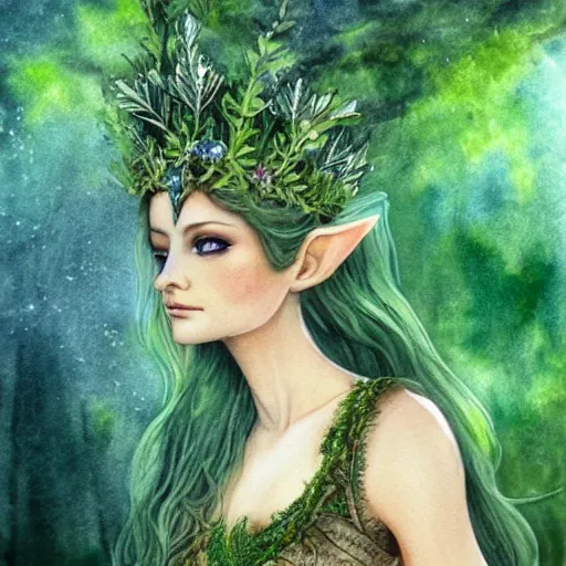 Prompt: heavenly beautiful elven queen with a leaf crown, hints of silver jewelry, overgrown, full body, forest background, elegant, intricate detail, dramatic lighting, mist, green aura, 8k watercolor,