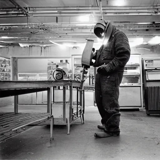 Prompt: welder in welding mask in an abandoned supermarket, by richard avedon, tri - x pan stock