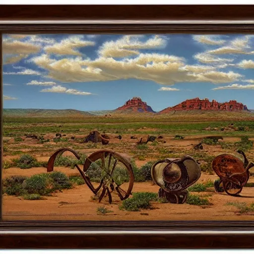 Image similar to The wild west dessert, by rowena morrill, extreme detail, wide angle, long shot