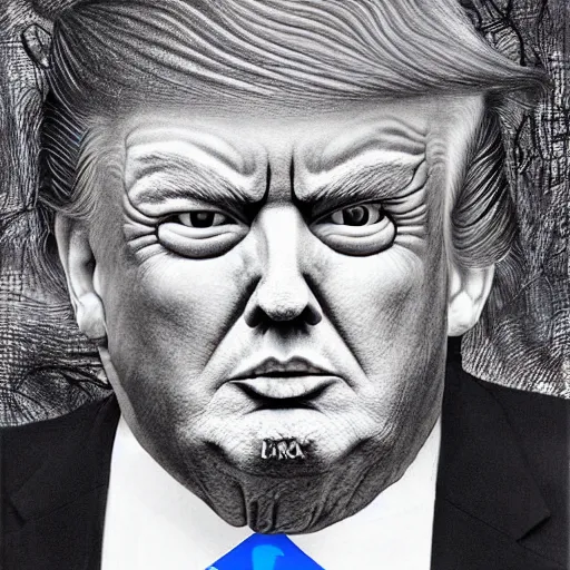 Image similar to Portrait by H.R.Giger of Trump Abomination, photo-realistic, 2K, highly detailed