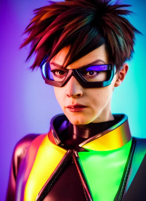 Prompt: hyperrealistic style portrait of tracer overwatch, confident pose, wearing black iridescent rainbow latex, rainbow, neon, 4 k, expressive surprised expression, makeup, wearing detailed black leather collar, wearing sleek armor, studio lighting, black leather harness, expressive detailed face and eyes,