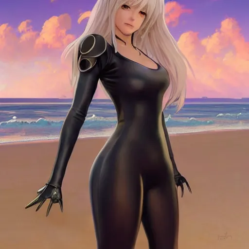 Prompt: full body portrait of 2 b nier automata wearing a skintight dress in a beach, large thighs, perfect face, intricate, elegant, highly detailed, digital painting, artstation, smooth, sharp focus, illustration, art by artgerm and greg rutkowski and alphonse mucha, 8 k