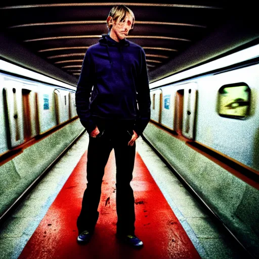 Prompt: tony hawk with his legs amputated on a subway train, photograph, saturated colors, emotional lighting, moody shadows, 4 k