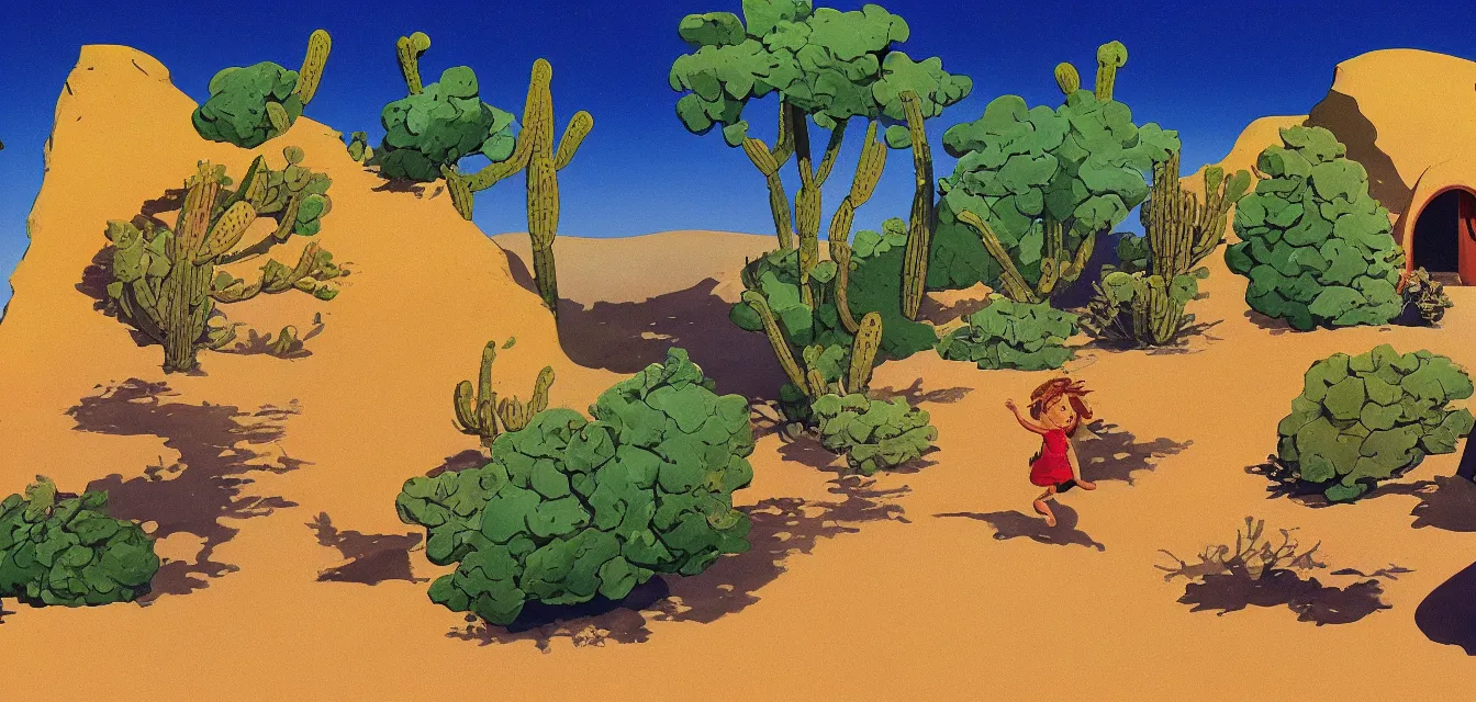 Prompt: animation background painting baja california desert by the sea, a seashell shaped house stands alone, a kid runs happily, by eyvind earle and maurice noble