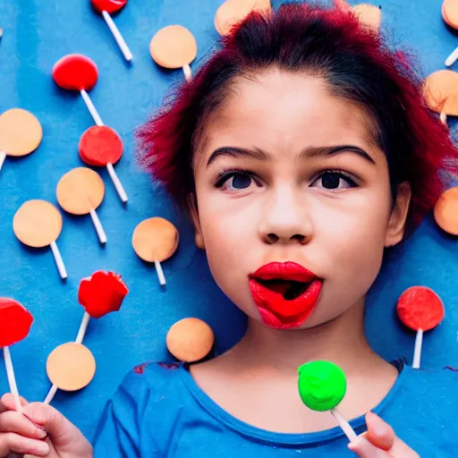 Prompt: red eyed little girl with red brown skin and pale blue hair holding a lollipop made of paper, surreal, 4k,