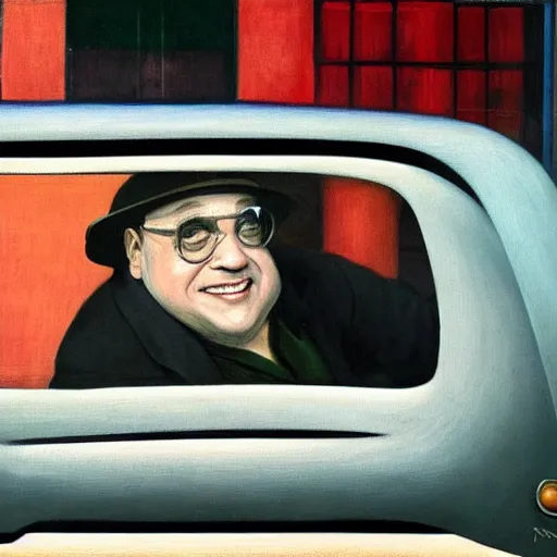 Prompt: Danny Devito as a cab driver by Raphael, Hopper, and Rene Magritte. detailed, romantic, enchanting, trending on artstation.