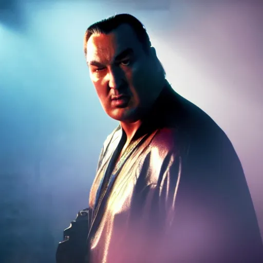 Image similar to from the movie a still of steven seagal as a fat batman, cinematic, studio lighting. god rays through fog. 4 k