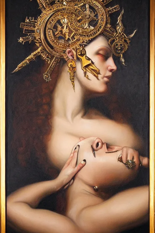 Prompt: hyper realistic painting portrait of punk queen, occult diagram, elaborate details, detailed face, intrincate ornaments, gold decoration, occult art, oil painting, art noveau, in the style of roberto ferri, gustav moreau, jean delville, bussiere, andrew gonzalez