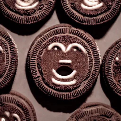 Prompt: an oreo with the imprint of the devils face on the chocolate cookie, photography, cinematic