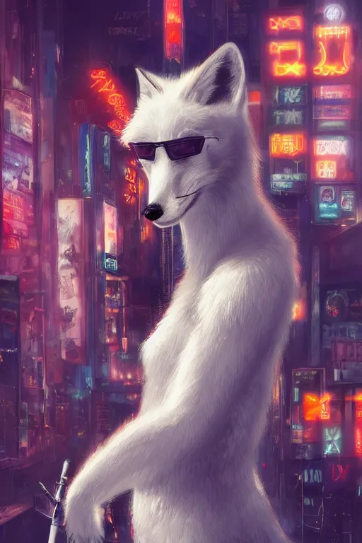 Prompt: beautiful portrait of a tall white female anthro fox smoking a cigarette towering head and shoulders above the bustling crowd of a rainy city street around her, cyberpunk, harsh neon lights, highly detailed, sharp focus, digital painting, illustration, trending on artstation, art by sakimichan, wlop, greg rutkowski