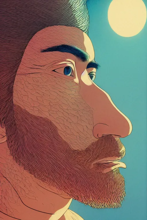 Image similar to a colorful closeup portrait of a young bald man with a very long wild beard dreaming psychedelic hallucinations in the vast icy landscape of antarctica, by kawase hasui, moebius and edward hopper, colorful flat surreal design, hd, 8 k, artstation