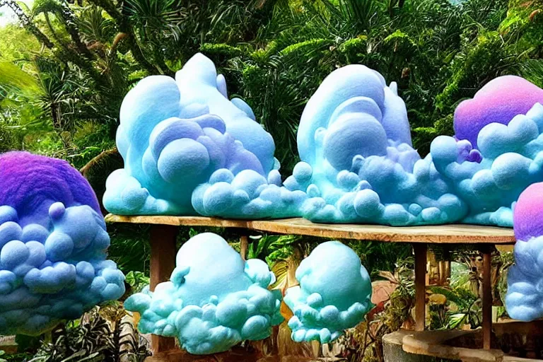 Image similar to a huge flock of many smooth puffy marvelous cloud sculptures and whirling ultra detailed gemstone crystal sculptures, art nouveau jungle environment, playful, award winning art, epic dreamlike fantasy landscape, ultra realistic,