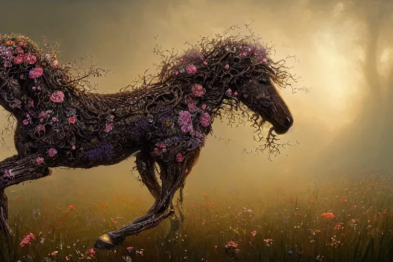 Image similar to a stunning digital painting of a horse made of intricately engraved gnarled wood with a mane of bioluminescent flowers running through a field of flowers by greg rutkowski, flowercore, volumetric light, digital art, fine detail, photorealistic
