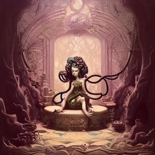 Image similar to lovely medusa in her throne room, realistic, intricate, highly detailed, peter mohrbacher