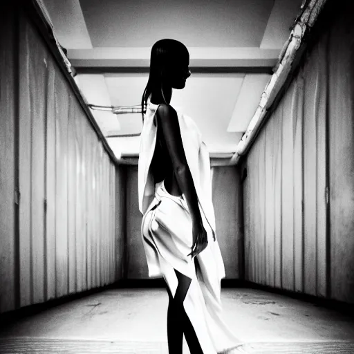 Image similar to fashion photography of an alien model, wearing demobaza fashion, inside berghain, berlin fashion,, futuristic fashion, dark minimal outfit, photo 3 5 mm leica, hyperdetail, 8 k, very detailed, black and white