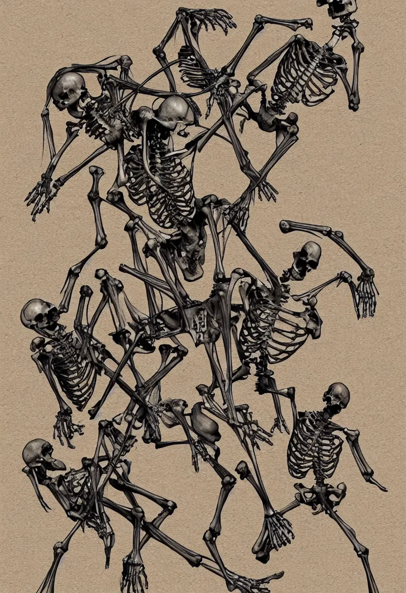 Prompt: human skeleton fighting a kangaroo skeleton, t-shirt design