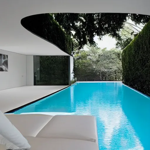 Image similar to a new swimming pool in a large white room with a door that leads to a gray room with on light on in it. dream like.