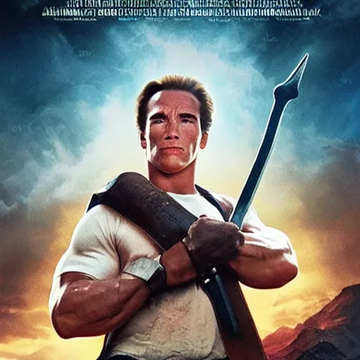 Image similar to cinema poster of a young arnold schwarzenegger holding a sword playing link in the new zelda movie