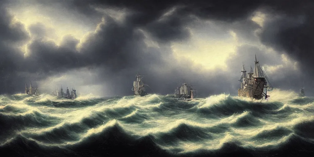 Prompt: ships at sea in a storm , fantasy, hyper realistic, dramatic lighting